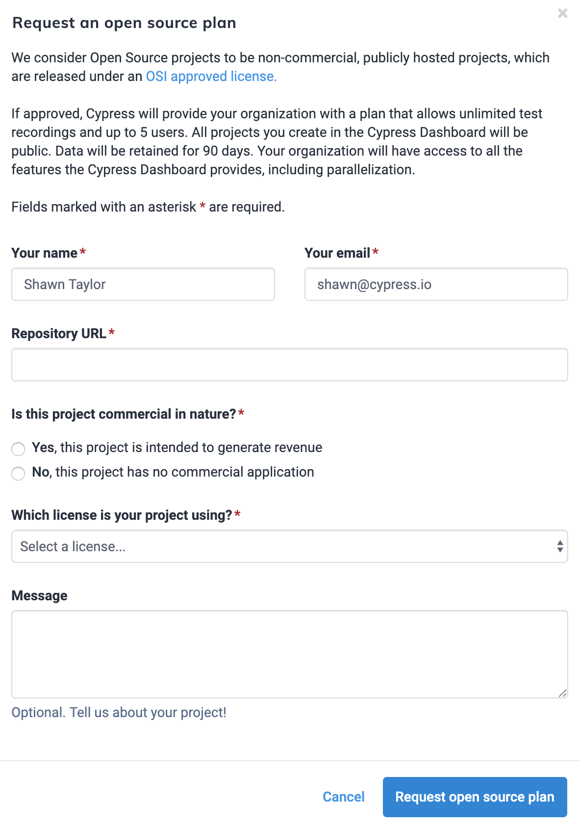 OSS plan request form